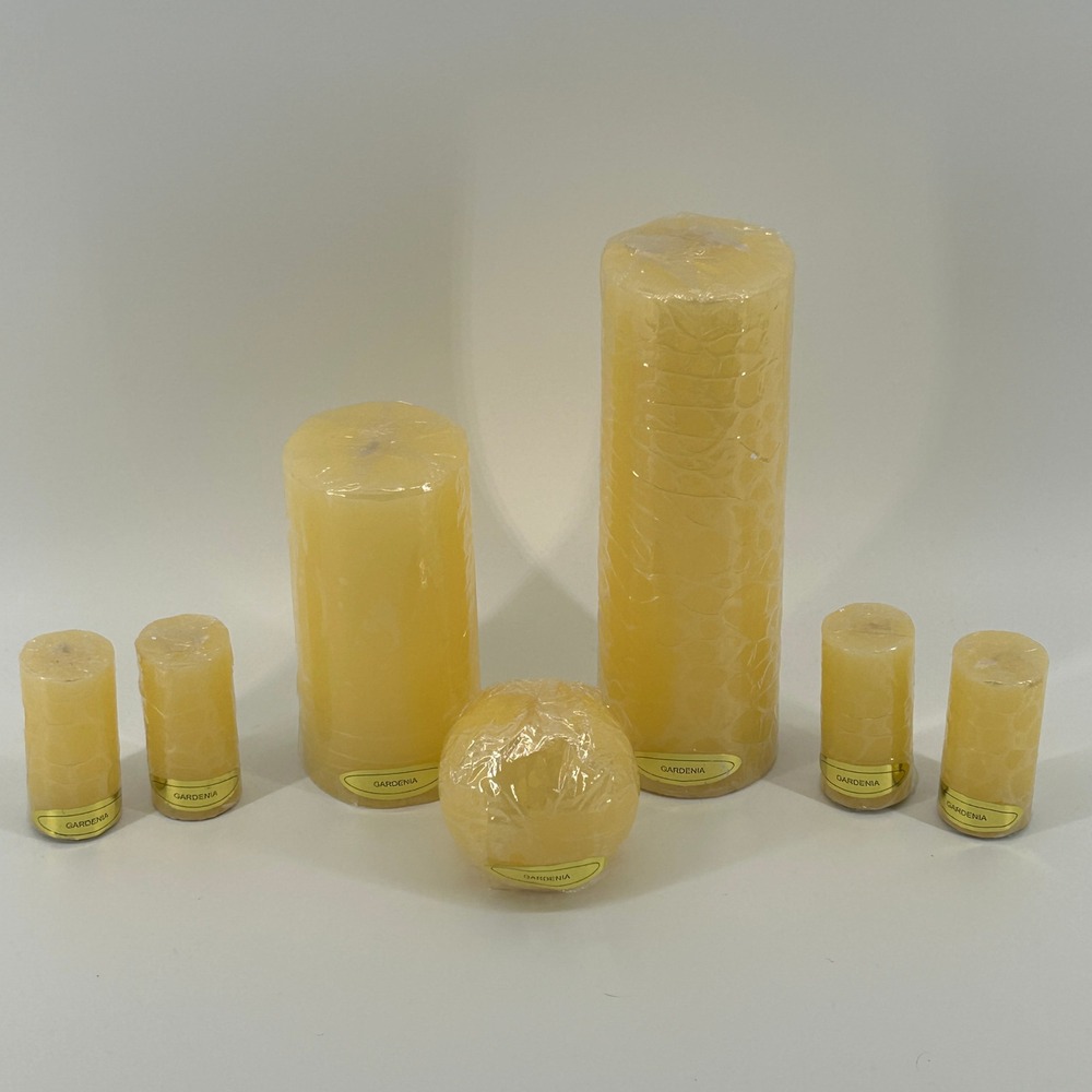 7 Piece Gardenia Pillar Ball Candle Set Wax Scented Home Decor NEW OUTDOOR USE
